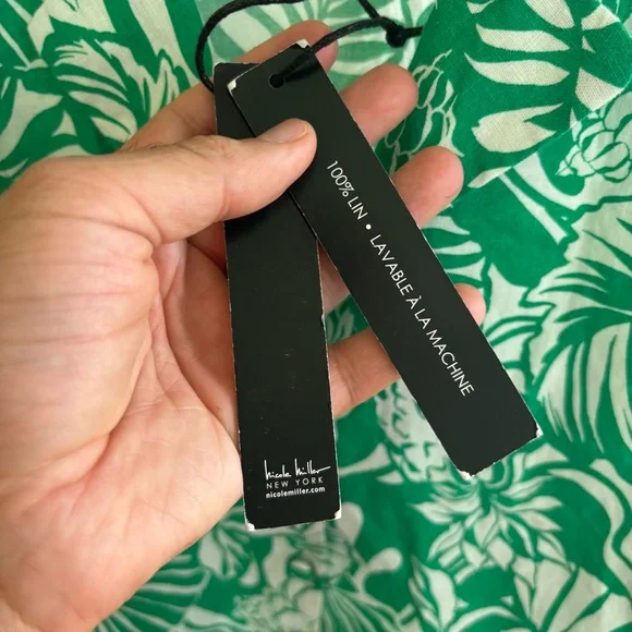 NWT Nicole Miller Women Med Preppy Linen Green Cropped Hawaiian Button Up Shirt - Picture 5 of 10